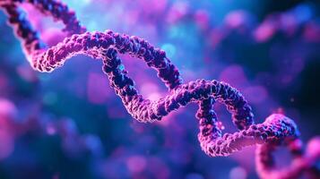 A vivid, abstract rendering of a DNA double helix, glowing with vibrant blue and purple light. A symbolic visual representation of life. photo