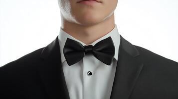 A poised gentleman in a tuxedo and crisp white shirt, bow tie precisely knotted. Formal elegance in simplicity, ready for any special occasion. photo
