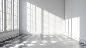 Bright minimalist room with checkered floors, sunlight streaming through large windows creating dynamic shadows on the stark white walls. photo