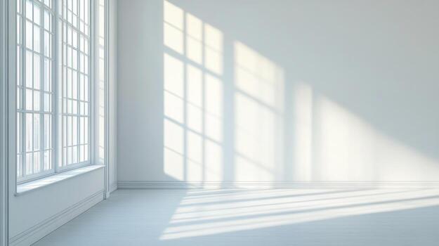 Sunlight streams through a large window, casting geometric shadows across an empty white room. Creates a serene and minimalist atmosphere. photo