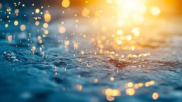 Abstract image showing blue water sprinkled with golden lights, creating a magical, dreamlike atmosphere. Calm, tranquility, water surface. photo