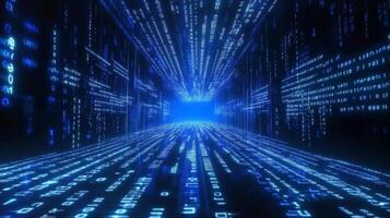 Futuristic digital tunnel with blue binary code streaming, representing data flow and advanced technology. Immersive tech background. photo