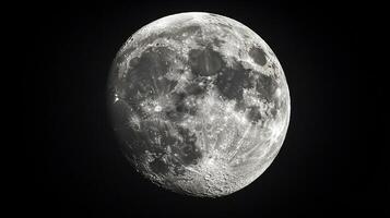 Detailed full moon showcasing its illuminated surface, craters, and lunar landscape against a stark black sky.Celestial body in space. photo