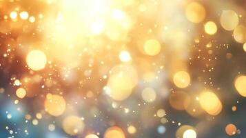 Golden ethereal light creates a magical atmosphere with shimmering particles and bokeh effects, ideal for festive or dreamy backdrops. photo
