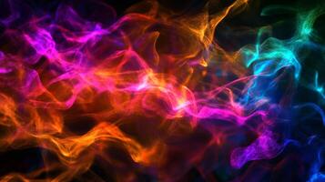 Colorful glowing wisps dance and swirl against a dark backdrop, creating a mesmerizing abstract display of light and energy. photo