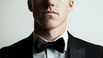 A stylish headshot of a man with fair skin, a tuxedo, and a black bow tie in a bright setting highlighting sophistication and a touch of mystery. photo