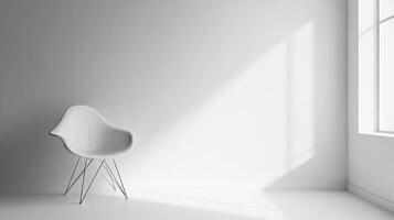 A white molded chair sits in a stark white room illuminated by natural light streaming in from a window. Minimalist design aesthetics. photo