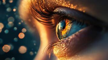 This striking close-up of a blue eye features vivid color and bright reflections that highlight the emotional depth and beauty of human expression. photo