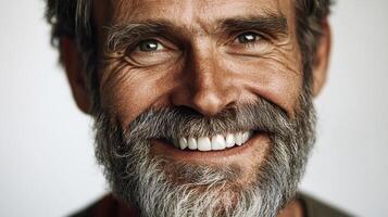 A portrait capturing the essence of joy, with bright eyes, a warm smile and a well-groomed salt and pepper beard. photo