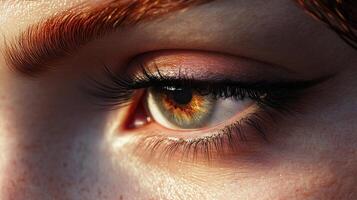 Eye portrait showcases intricate details, warm lighting, and precise makeup application, creating a captivating and visually stunning close up. photo