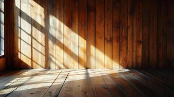 Wooden room bathed in sunlight, creating contrast and warmth, highlighting the grain and texture of the wood with an inviting ambiance. photo