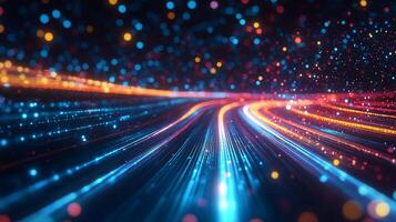 Abstract futuristic data stream with glowing lines and dots creating a sense of speed and connectivity through a digital network. photo