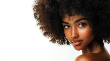 Stunning portrait of a woman with natural hair, flawless skin, and captivating eyes, set against a clean backdrop. photo