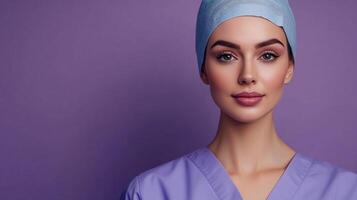 Professional woman in medical scrubs. A portrait highlighting her calm expression and dedication to patient care. Ready to serve. photo