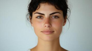 Close-up of a woman with freckles and brown eyes, gazing directly at the camera against a soft background with gentle, natural lighting. photo