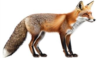 A captivating portrait of a red fox standing alert, showcasing its distinctive coat against a bright white background. A study of wildlife in action. photo
