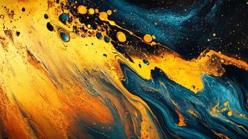 Abstract painting depicting the fluidity of contrasting elements with gold and blue gradients and textural depth, creates a dynamic flow. photo