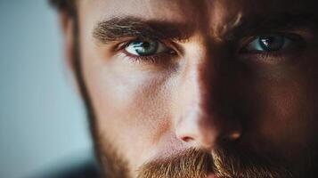 Close-up of a man's face with intense eyes and a beard, creating a powerful and contemplative atmosphere with strong facial features. photo