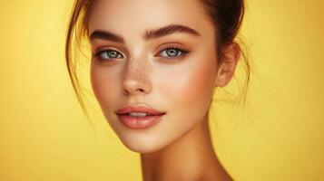 Glowing complexion and captivating eyes highlight natural beauty. Freckles add character, soft hues, gentle features and radiant skin. photo