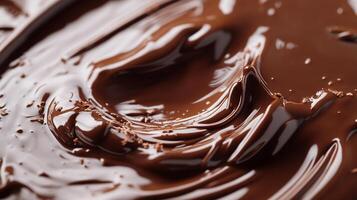 Close-up of swirled liquid chocolate, showing a splash and smooth texture. A decadent, sweet treat with a rich, dark brown color. photo