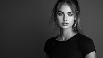 Striking black and white portrait of a young woman with captivating eyes and subtle makeup, exuding timeless beauty and quiet confidence. photo