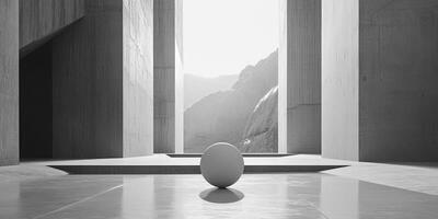 Minimalist sphere within concrete architecture creates a serene and modern space, framing distant mountain views in grayscale. photo