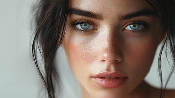 Close-up portrait showcasing striking blue eyes and delicate freckles, emphasizing natural beauty with soft, diffused lighting and a serene expression. photo