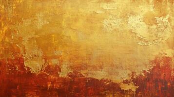 Abstract painting with layered textures and a warm color palette, featuring hues of gold, yellow, and red in a dynamic composition. photo