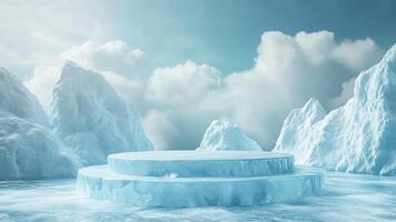Frozen platform display. Two-tiered frozen stage surrounded by ice mountains, all bathed in soft blue light under a sky full of clouds. photo