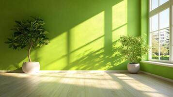 Bright green room with light wood floors, two small trees in pots, and sunlight streaming through a large window. photo