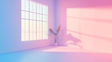 A serene room bathed in pastel hues, showcasing a minimalist design with a plant, soft light, and a large window. A calming aesthetic. photo