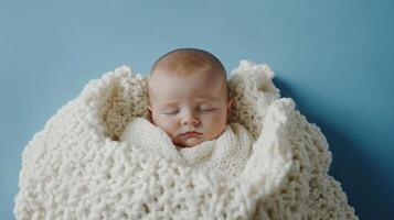 Serene slumber of an infant wrapped gently in a knitted blanket, a picture of peaceful rest against a soft blue background. photo