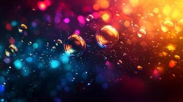 Abstract glowing background with floating transparent spheres and colorful bokeh lights, creating a dreamy and ethereal atmosphere. photo