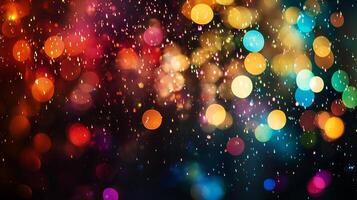 Abstract bokeh lights twinkle like stars, creating a magical atmosphere with a vibrant array of orange, blue and red glowing circles. photo