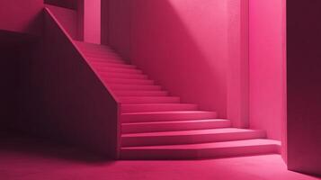 An interior scene featuring a staircase bathed in a monochromatic pink hue, creating a surreal and visually striking architectural space. photo