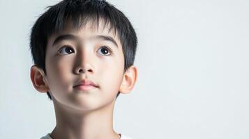 A thoughtful young boy with dark hair gazes upwards with bright, curious eyes against a plain backdrop, evoking innocence and wonder. photo