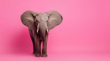 Elephant stands majestically against a vibrant pink backdrop, showcasing its impressive size and gentle nature, its big ears outstretched. photo