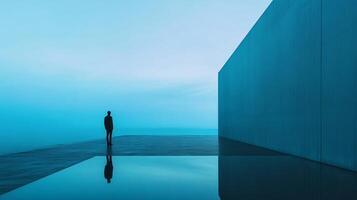 Silhouette of a businessman enjoying a peaceful moment in a minimalist, modern setting with a vast blue landscape and reflective surface photo