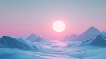 A pastel-hued sunrise bathes a serene, snow-covered mountain landscape in soft, ethereal light, creating a tranquil and peaceful scene. photo