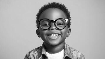 Smiling boy with round glasses, radiating pure joy and youthful energy. A heartwarming portrait in black and white. photo