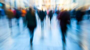 A vibrant rush of people is blurred in the city, capturing a sense of constant motion, speed, and the anonymity of urban life. photo