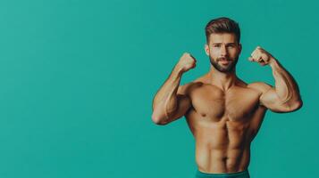 A muscular man flexes his biceps against a solid background. He is shirtless with only the top of his shorts visible at the bottom. photo