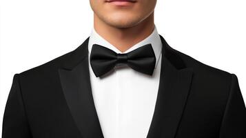 Close-up of a person formally dressed in a black tuxedo with a black bow tie and a crisp white shirt, ready for a special occasion. photo