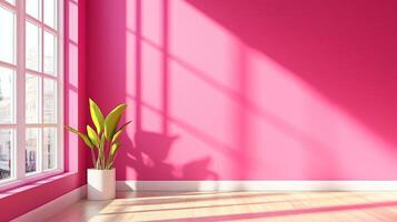 Bright pink wall casts shadows from a window, illuminating the plant and wooden floor. A serene, sun-drenched indoor scene. photo