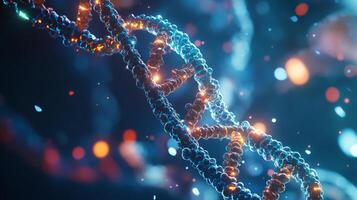 Detailed abstract rendering of a DNA double helix, with glowing nodes and a vibrant blue and orange color palette against a dark background. photo