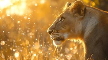Lioness in golden light. Wildlife portrait of a magnificent female lion, with blurred bokeh background, in the wild, glowing with sunlight. photo