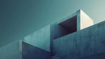 Modern concrete building with geometric shapes set against a blue sky, creating a minimalist architectural image. photo