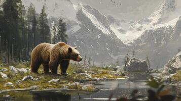 A majestic bear stands on the shore of a mountain lake, framed by towering snowy peaks and lush forest. It's a breathtaking view. photo