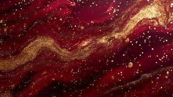 Whimsical artwork blending warm red hues with shimmering gold, creating depth and cosmic flair. An abstract elegance of color interplay. photo