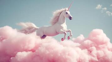 Majestic unicorn leaps through dreamy pink clouds against a clear sky, symbolizing fantasy and whimsy in an ethereal setting. photo
